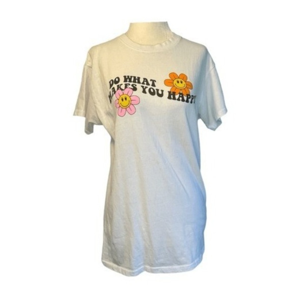 Brisco Brands Happy Flower Graphic Tee White Cotton‎ Crewneck Short Sleeve M